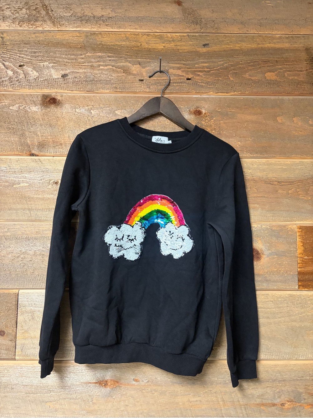 Lola + The Boys Rainbow Sequin Sweatshirt Girls Small Black Pullover Teen